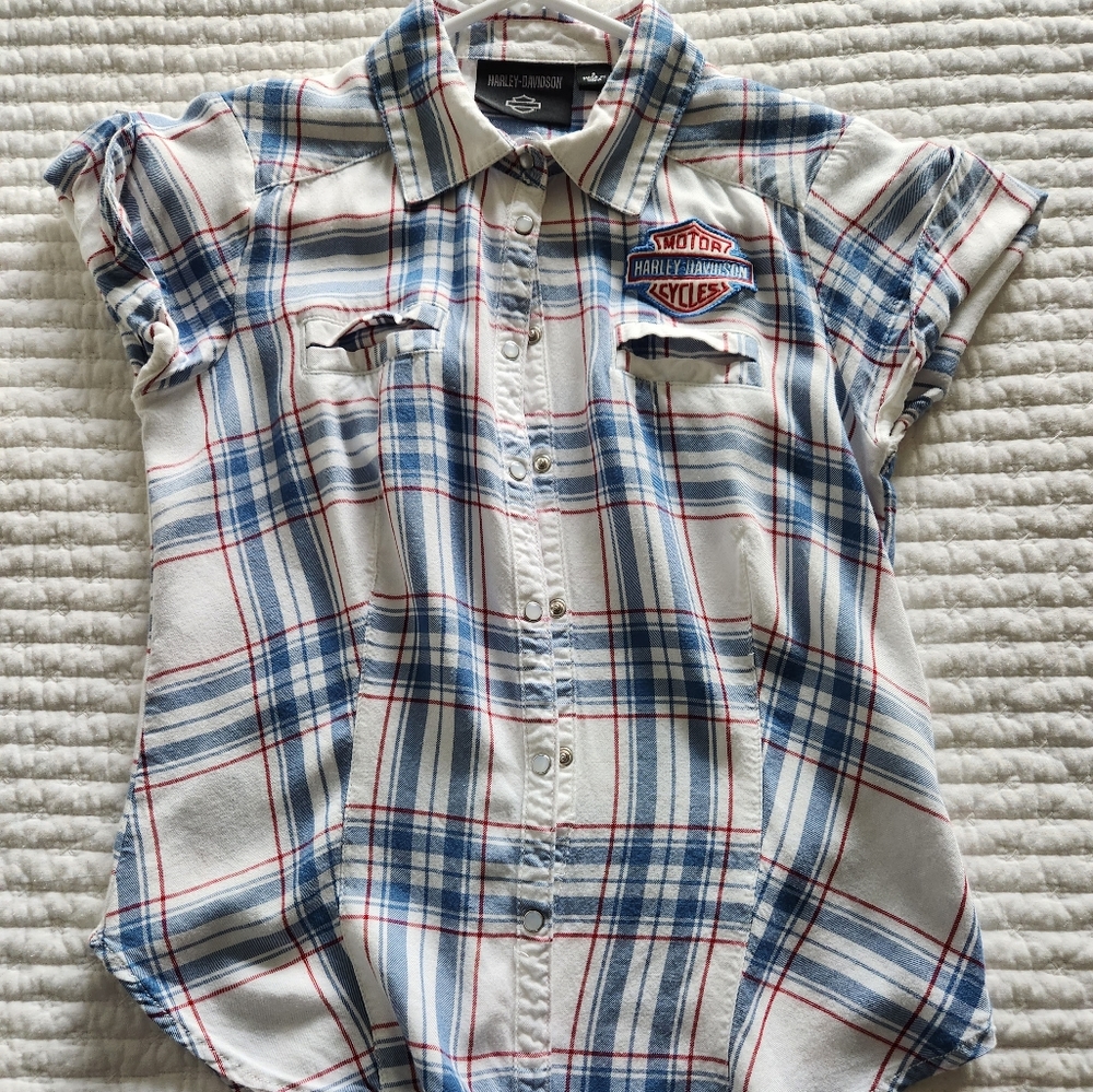 Harley-Davidson White and Blue Plaid Button Down Shirt